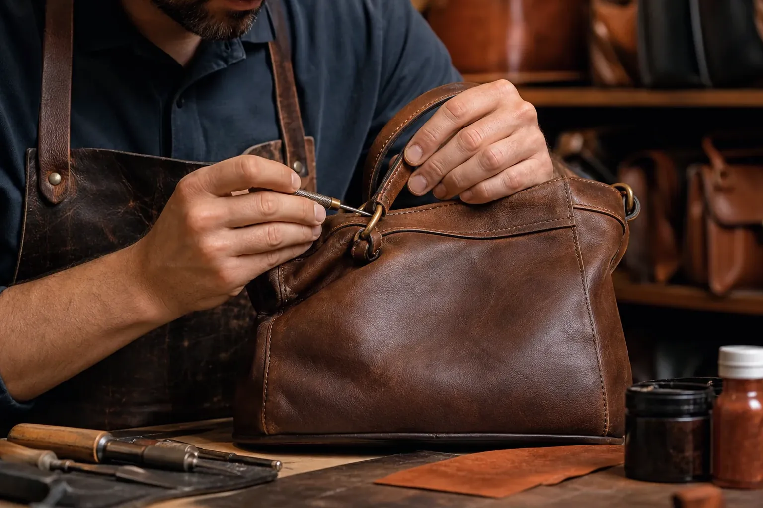 Sapateiro reformando uma bolsa de couro em Ilhéus.
